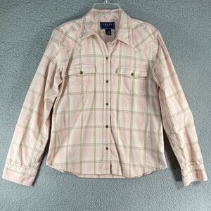 Chaps Denim Western Button Down Shirt Womens Med Pink Plaid Long Sleeve Cotton